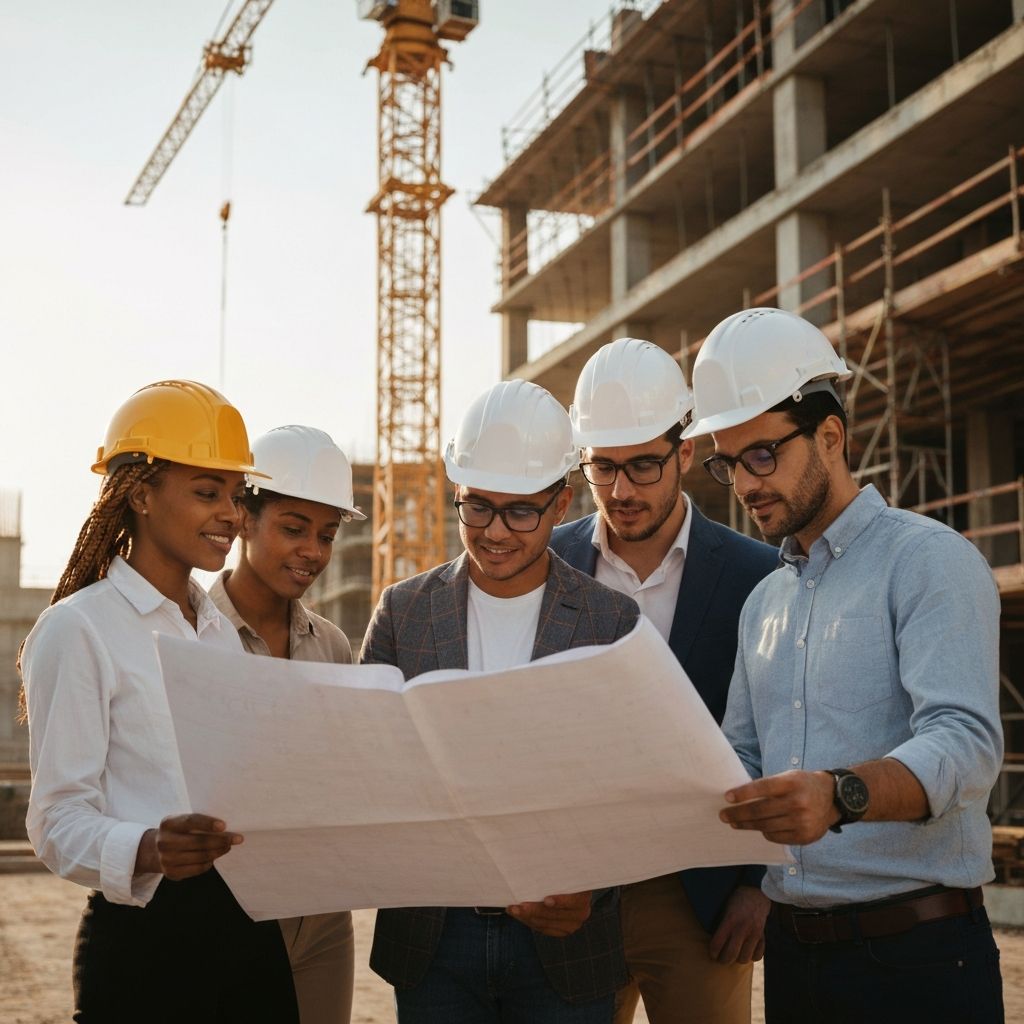 Equipo de ingenieros y arquitectos revisando planos en un proyecto de urbanización